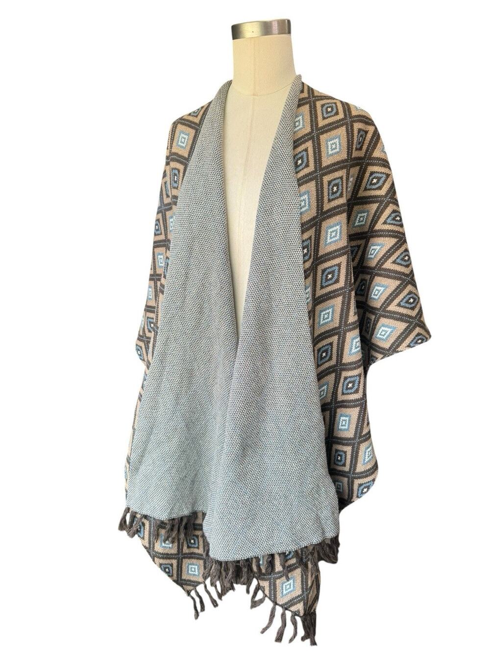Chico's Boho Geometric Fringe Shrug Cardigan OSFM Blue Brown Cotton Open Front